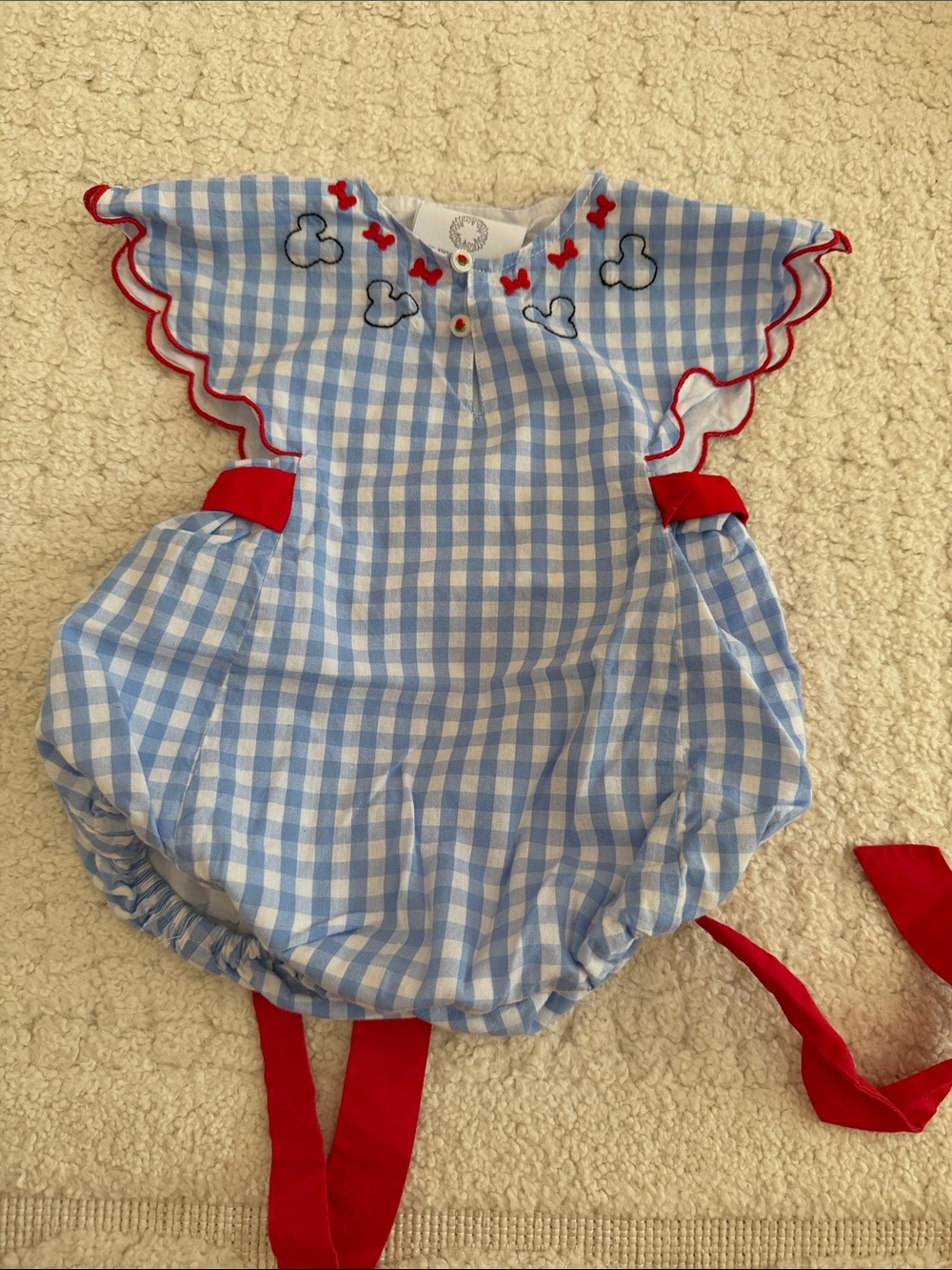 Property Peony Mickey Blue Gingham Kids One-Piece with Red Trim and Bow Accents